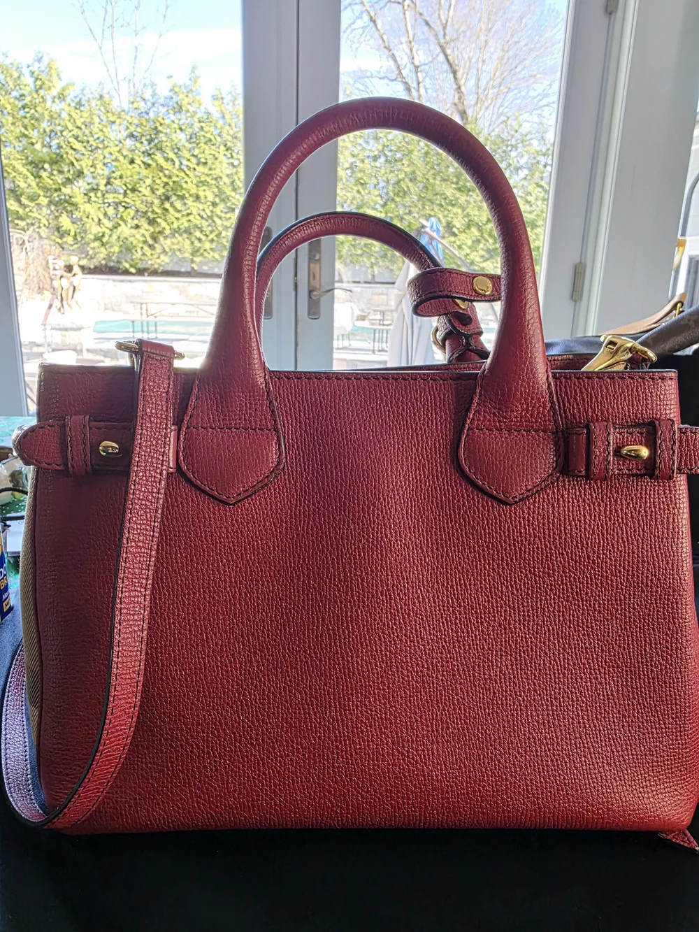 Burberry Burgundy Pebbled Leather Top-Handle Satchel - Picture 6 of 16